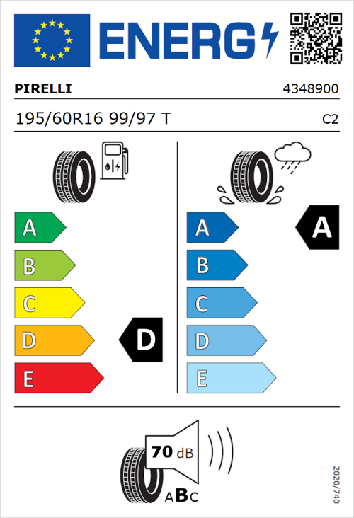 Tyre Label for Pirelli Carrier 195/60R16 99/97T