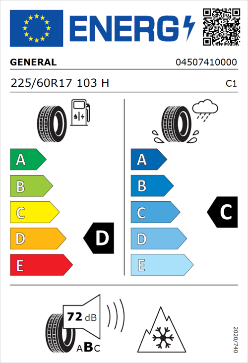 Tyre Label for General Snow Grabber Plus 225/60R17 103H